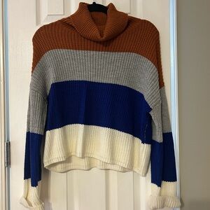 Striped Turtleneck Sweater in Brown, Gray, Blue, and Cream
